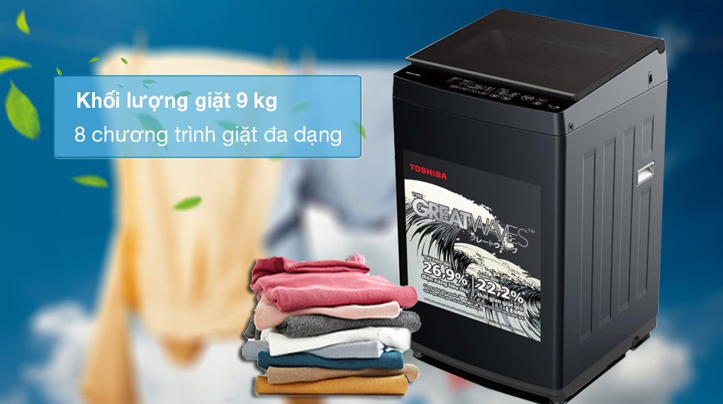 Khối lượng giặt 9kg, 8 chương trình giặt - Máy giặt Toshiba 9 kg AW-M1000FV(MK) 