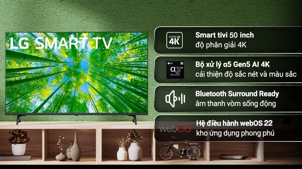 Smart Tivi LG 4K 50 inch 50UQ7550PSF tạo dấu ấn mạnh mẽ với thiết kế thanh lịch, khung hình hiển thị nội dung chất lượng 4K