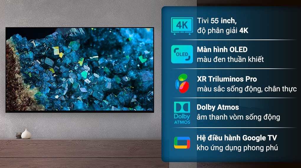 Google Tivi OLED Sony 4K 55 inch XR-55A80L sở hữu thiết kế sang trọng, tái tạo màu đen thuần khiết trên màn hình OLED