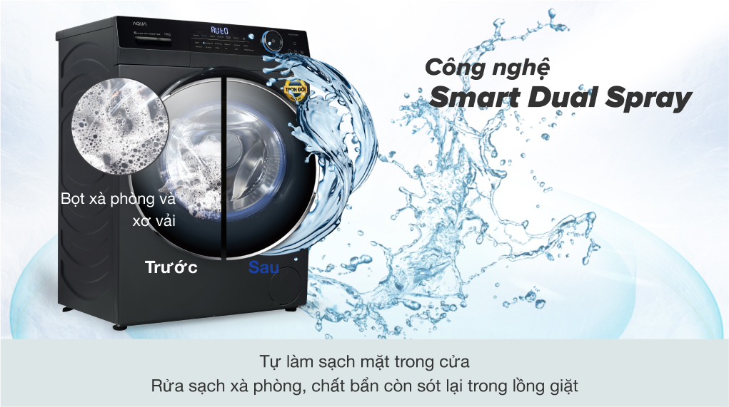 Máy giặt Aqua Inverter 9 kg AQD- D902G BK - Vệ sinh mặt trong cửa Smart Dual Spray