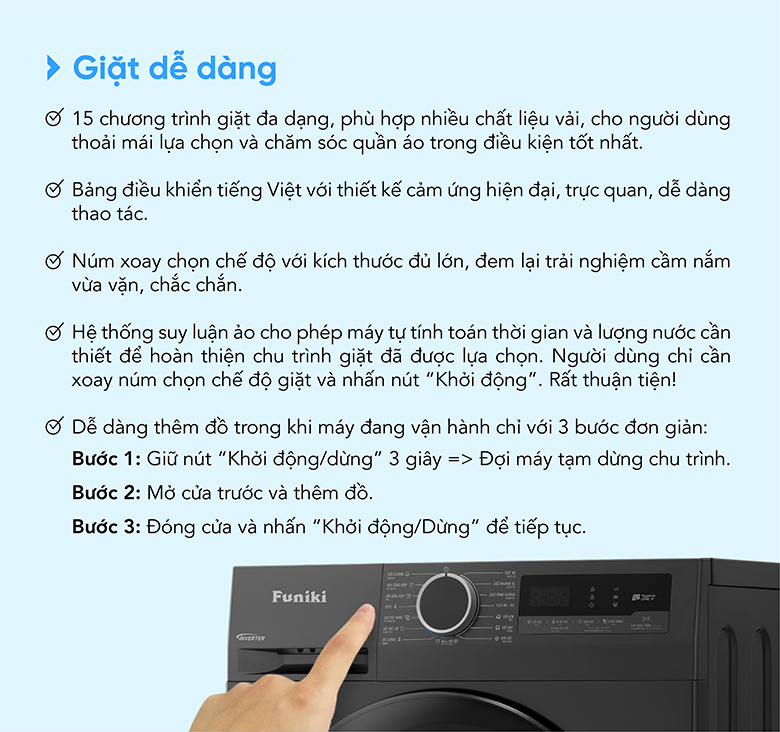 Máy giặt Funiki HWM F895ADG Inverter 9.5 Kg - 15 chương trình giặt đa dạng
