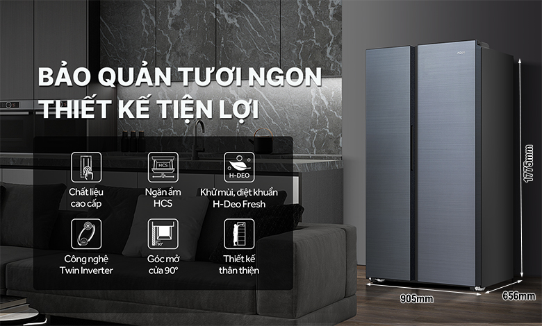 Tủ lạnh Side by side Aqua Inverter AQR-S633XA(SL) với kích thước lớn