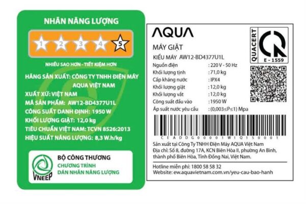 Máy giặt Aqua Inverter 12 kg AW12-BD4377U1L(GN) Mẫu mới - Hình ảnh 6