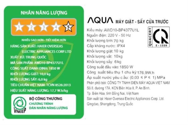 Máy giặt sấy Aqua Inverter giặt 10 kg - sấy 6 kg AWD10-BP4377U1L(GN) Mẫu mới - Hình ảnh 6
