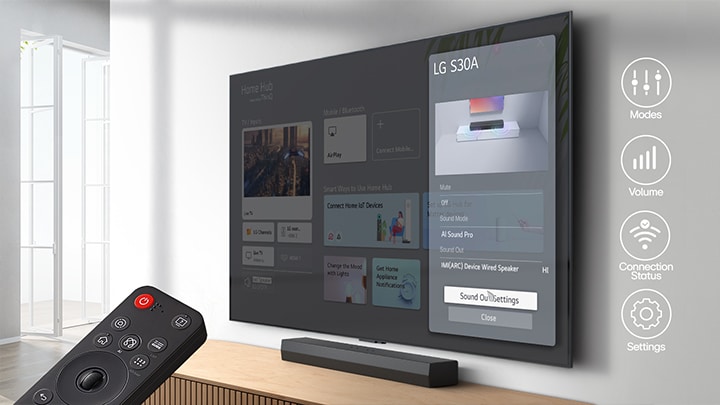Một chiếc TV treo tường đang hiển thị màn hình chính LG webOS, với soundbar S30A được đặt bên dưới trên kệ TV. Bên trái là hình ảnh một phần remote TV LG, còn bên phải hiển thị bốn biểu tượng tính năng của WOW Interface.
