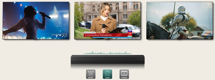 3 màn hình TV được hiển thị: 1 người phụ nữ đang hát với micro trên tay, 1 phóng viên đang nói với micro và cầm máy tính bảng trên mỗi tay và 1 chiến binh thời trung cổ mặc giáp, cưỡi ngựa.